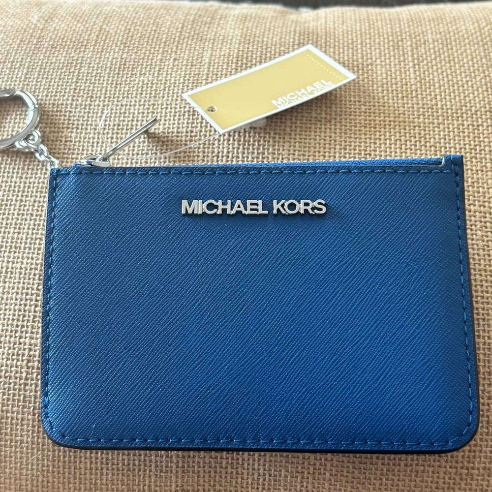 NWT Michael Kors Jet Set Travel Card Holder Galaxy Blue Care Card Included